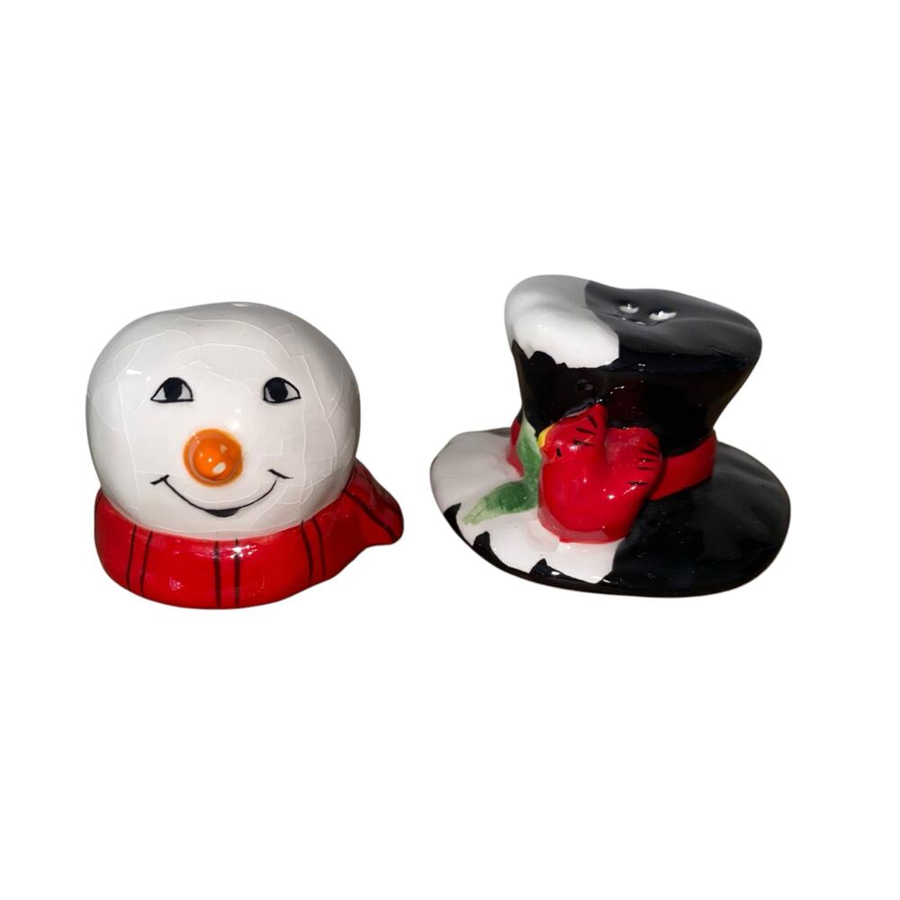 Snowman Head and Frosty's Hat Salt and Pepper Shaker Set Christmas Ceramic